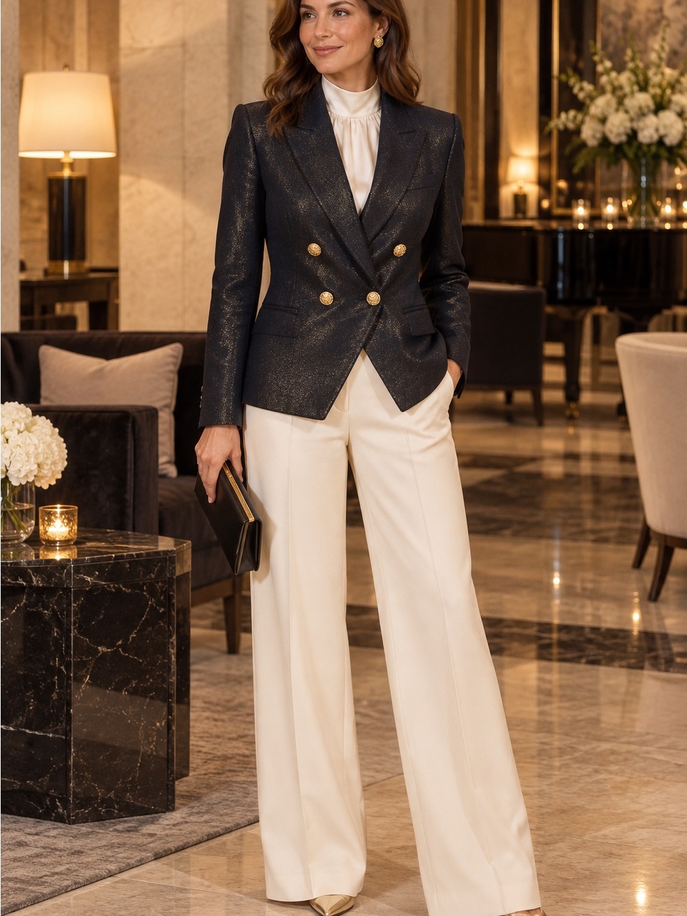 Elie Tahari Midnight Glitter Double-Breasted Blazer size10